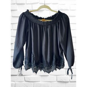 Wrangler Women’s Small Retro Black Frayed Lace Long Tie Sleeve Western Blouse